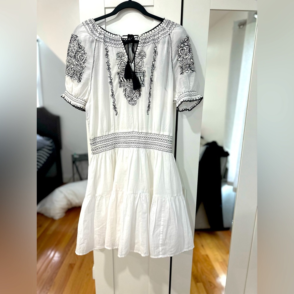 Ralph Lauren White Midi Dress with Black Embroidery and Tassel Tie